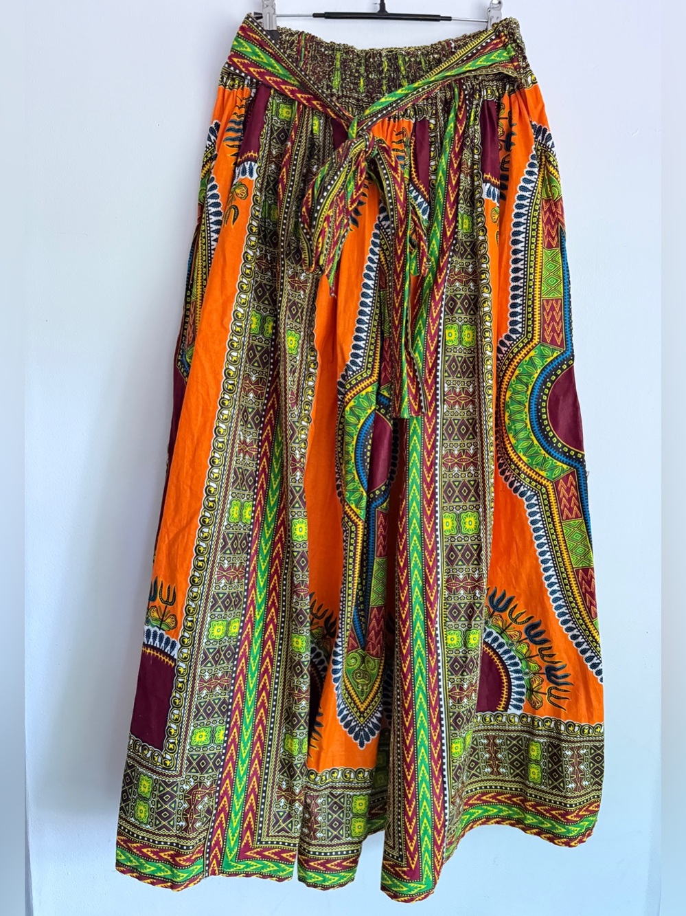 Handmade African Dashiki Orange Ankara Wax Print Maxi Skirt Afrocentric Pockets